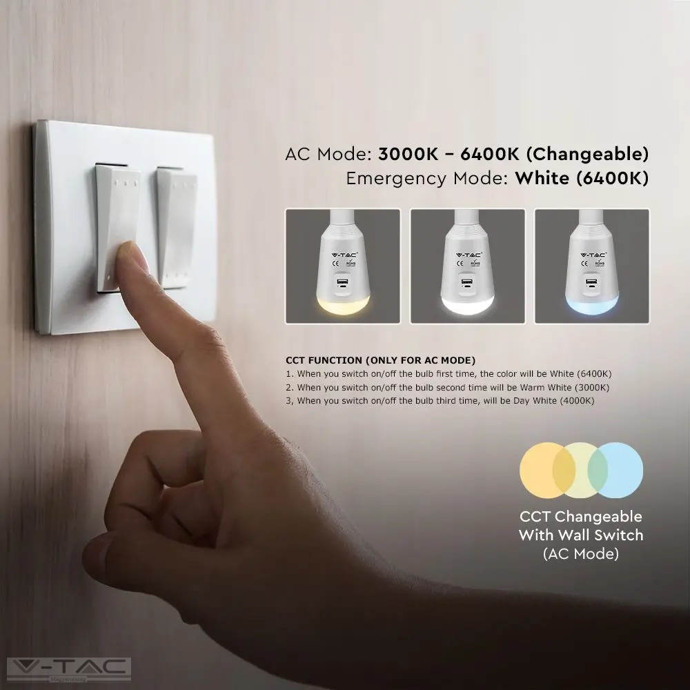 7W napelemes tölthető LED izzó, E27, CCT - 2857 7W napelemes tölthető LED izzó, E27, CCT - 2857