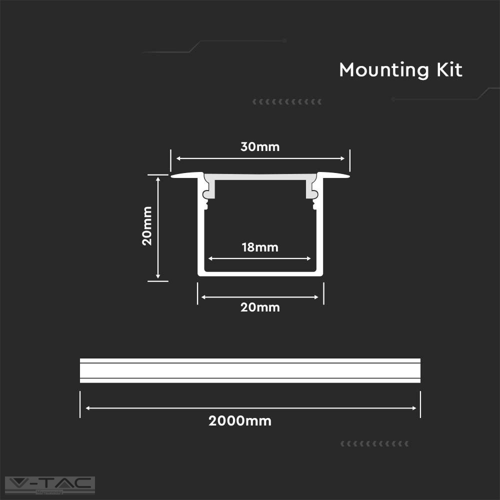 Széles alumínium profil LED szalaghoz 2 méter tejfehér fedlappal - 3372 Széles alumínium profil LED szalaghoz 2 méter tejfehér fedlappal - 3372