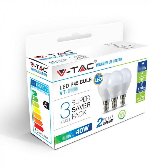 HelloLED V-Tac 4,5W LED izzó E14 P45 3db/csomag HelloLED V-Tac 4,5W LED izzó E14 P45 3db/csomag