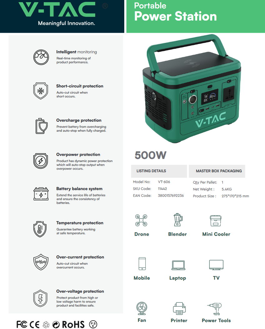 HelloLED V-Tac 500 W-os hordozható akkumulátor - 11442 HelloLED V-Tac 500 W-os hordozható akkumulátor - 11442