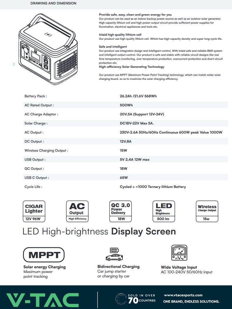 HelloLED V-Tac 500 W-os hordozható akkumulátor - 11442 HelloLED V-Tac 500 W-os hordozható akkumulátor - 11442