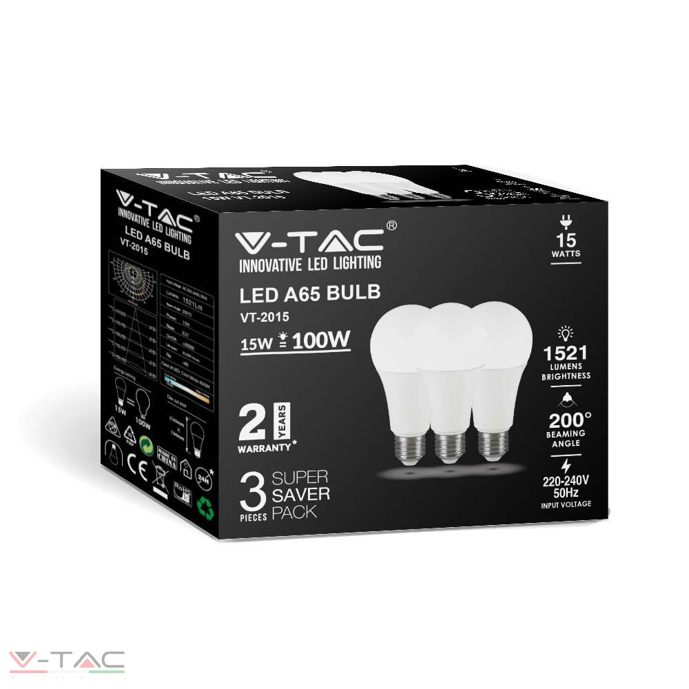 HelloLED V-TAc 15W LED izzó E27 A65 3db/csomag 1521lumen HelloLED V-TAc 15W LED izzó E27 A65 3db/csomag 1521lumen