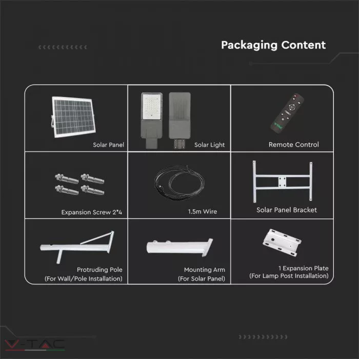 20W Napelemtábla LED Utcai világítással, tartórúddal 6500K - 10225 V-TAC 20W Napelemtábla LED Utcai világítással, tartórúddal 6500K - 10225 V-TAC