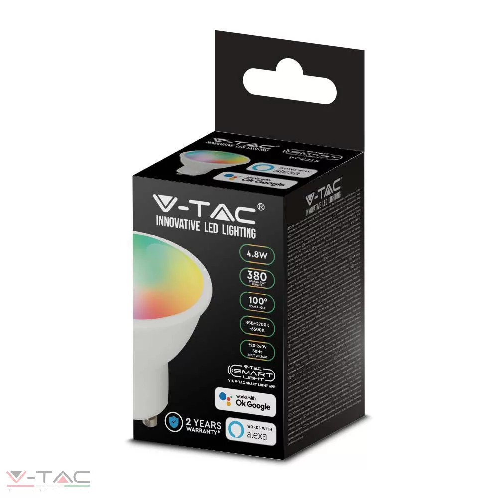 4,8W Wifis LED spotlámpa GU10 opál 100° CCT + RGB - 3000 V-TAC 4,8W Wifis LED spotlámpa GU10 opál 100° CCT + RGB - 3000 V-TAC